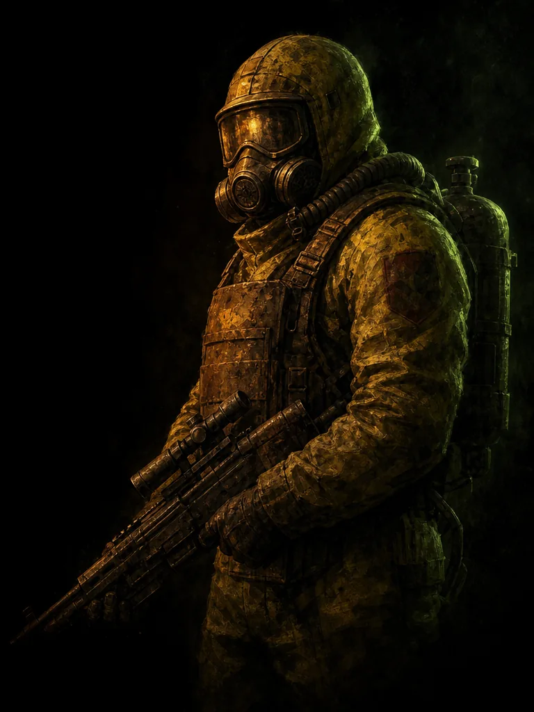 A survivor in a hazmat suit and gas mask holding a scoped rifle